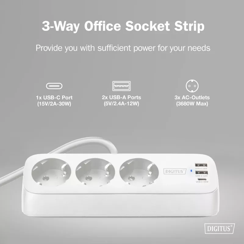 Meervoudig stopcontact DIGITUS 3-voudig met 2×USB-A en 1×USB-C, 3 AC-stopcontacten type E/F, 1,5 m kabel, wit