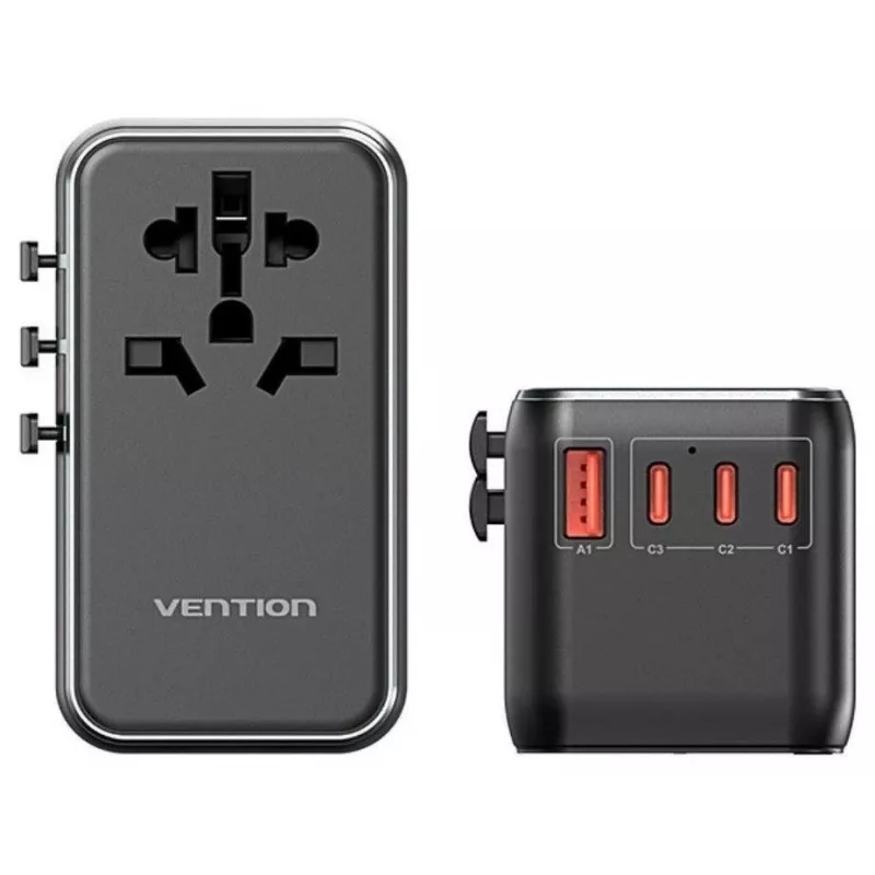 Oplader Vention FJGB0 100W GaN met 3× USB-C en 1× USB-A, zwart
