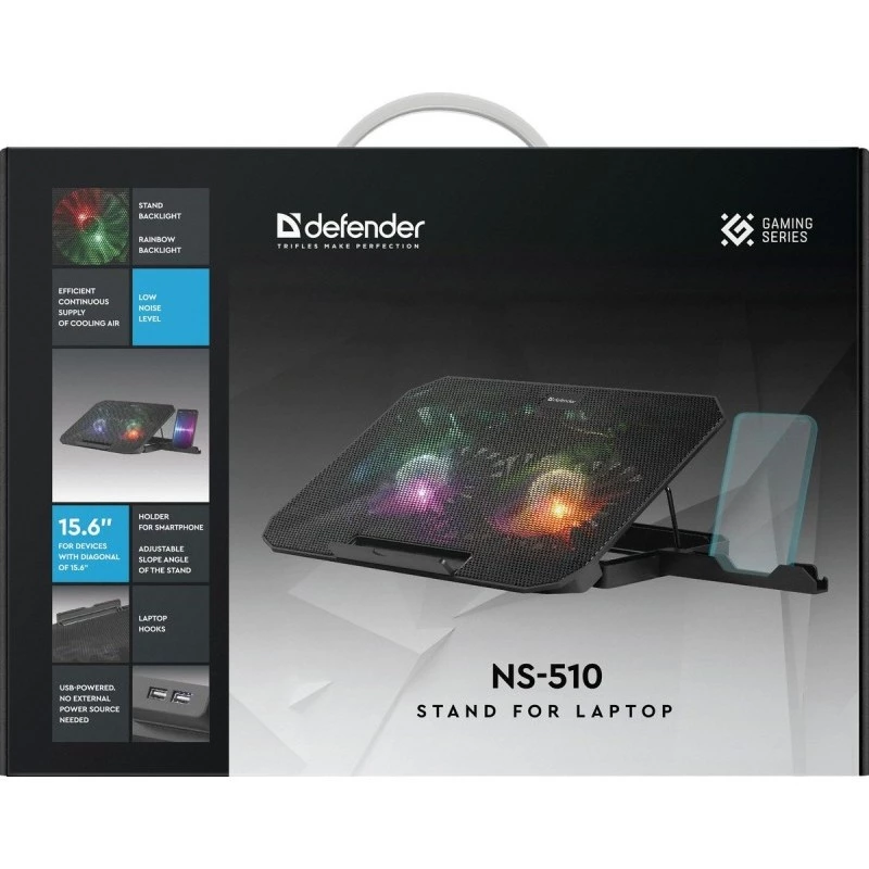 Laptop-koelpad DEFENDER NS-510 met 2 ventilatoren, 2×USB-aansluitingen en RGB-verlichting