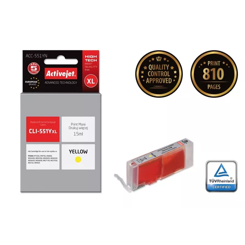 Compatibele ActiveJet ACC-551YN inktpatroon geel, hoge capaciteit (XL) 15 ml, voor Canon CLI-551Y