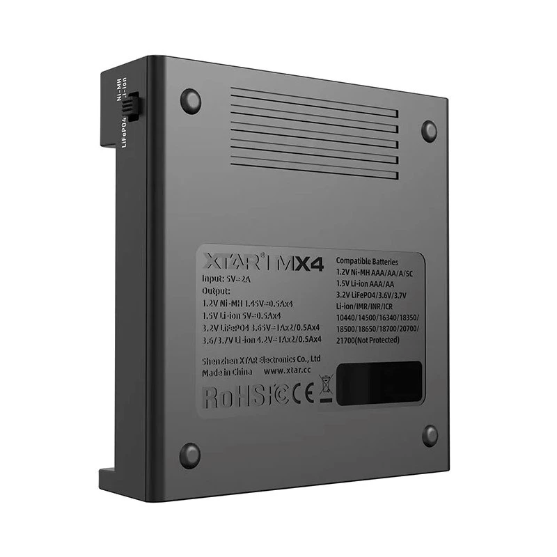 Lader XTAR MX4 4-slot universeel Li-Ion NiMH USB-C, zwart, ondersteunt 4 batterijen