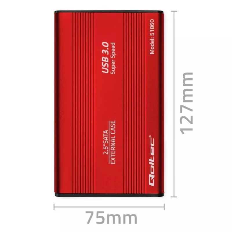 HDD/SSD-behuizing QOLTEC 51860 voor 2,5-inch SATA-III-stations, USB Type-A, 5 Gbit/s, aluminium, rood