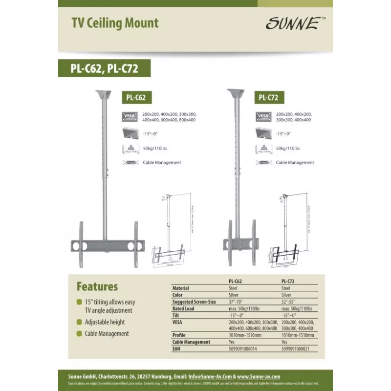 Sunne PL-C62 - Montageset (plafondsteun) - voor flatscreen - Staal - Zilver - Schermformaat: 94-160 cm (37-63 inch)