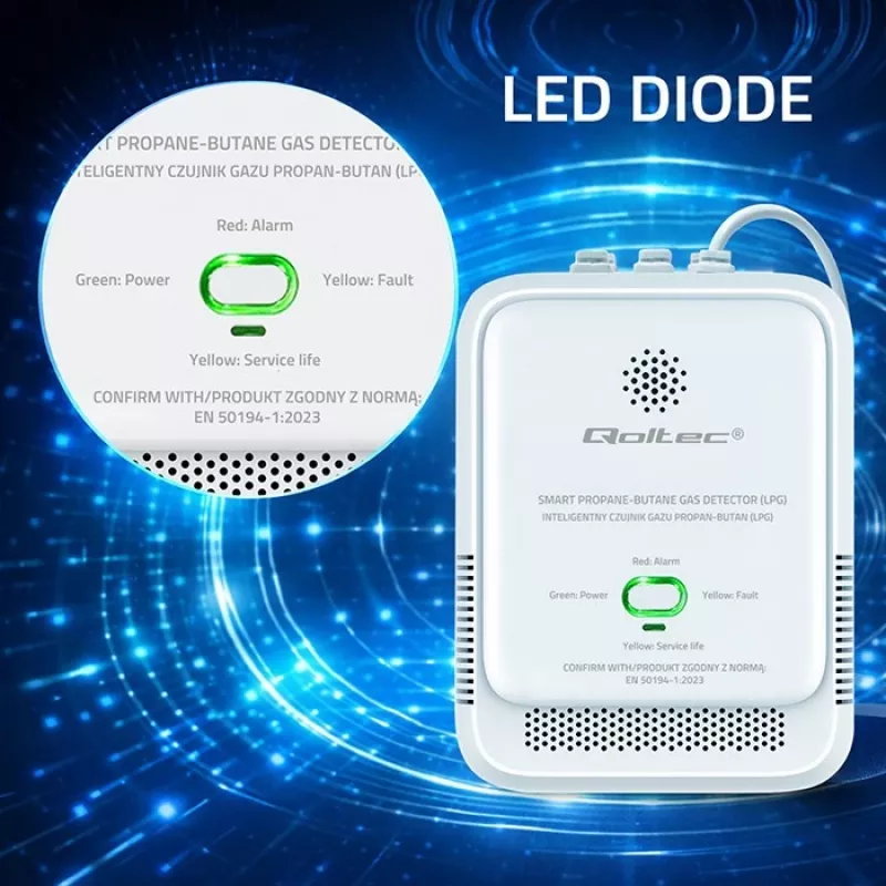 Gasleksensor QOLTEC 52652 — propaan/butaan (LPG) detector, 85 dB alarm, LED-indicatie