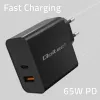 Qoltec 52380 Super Quick PD-oplader | 1xUSB-C | 1xUSB | 65W | 5-20V | 1,5-3,25A | zwart