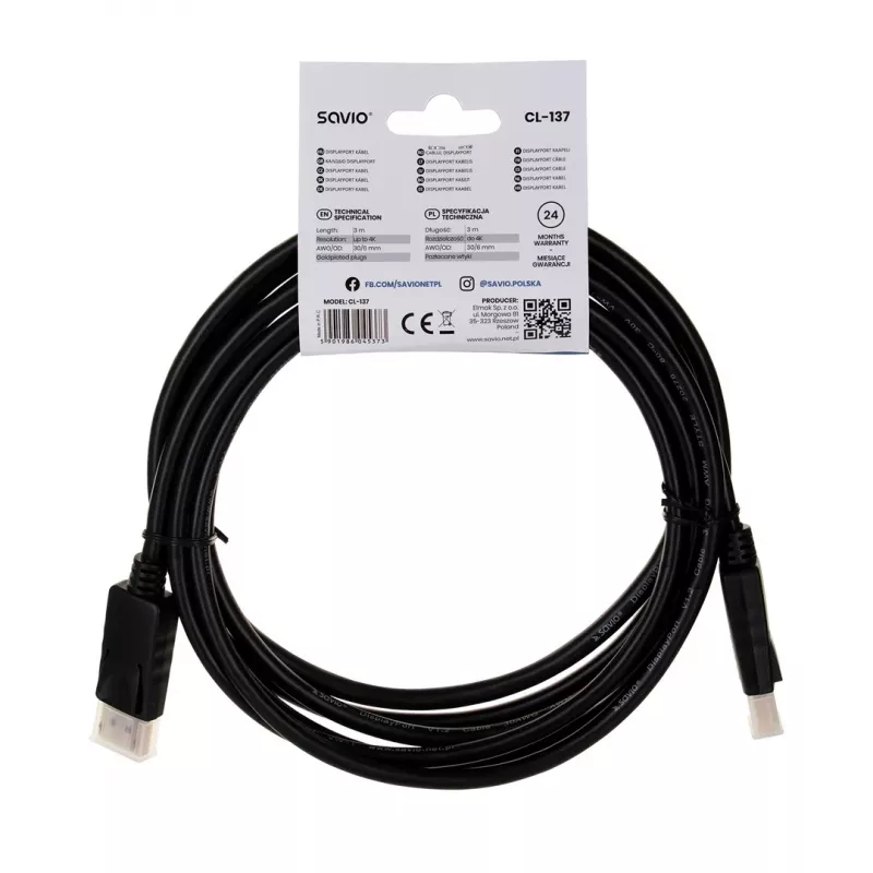 Savio CL-137 DisplayPort-kabel 3 m zwart