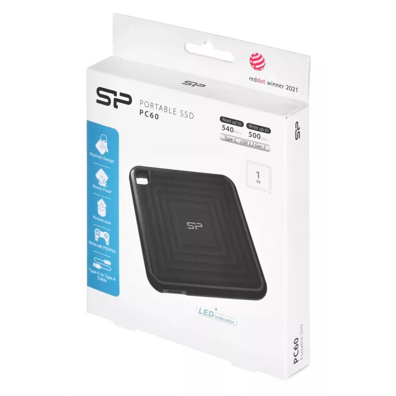 SILICON POWER PC60 - SSD - 1TB - extern (draagbaar) - USB 3,2 Gen 2 - 256-bit AES - zwart (SP010TBPSDPC60CK)