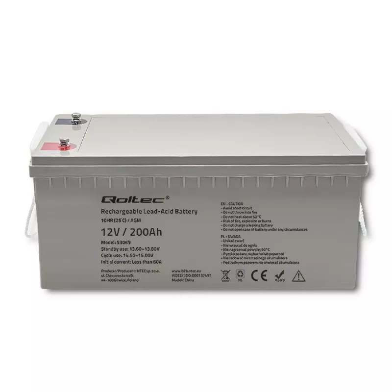 Oplaadbare AGM-batterij QOLTEC 53069 12V 200Ah voor back-upstroomvoorziening en UPS-systemen