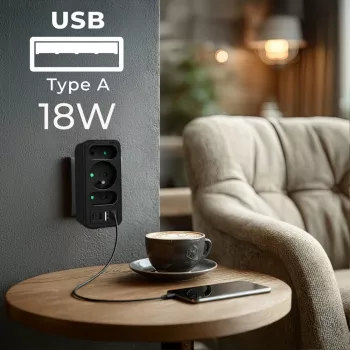 Power splitter MACLEAN MCE248 F/B — 3 AC-stopcontacten (1x16A, 2x6A) en 4 USB-aansluitingen (2xUSB‑A, 2xUSB‑C PD 20W), EU-stekker, zwart