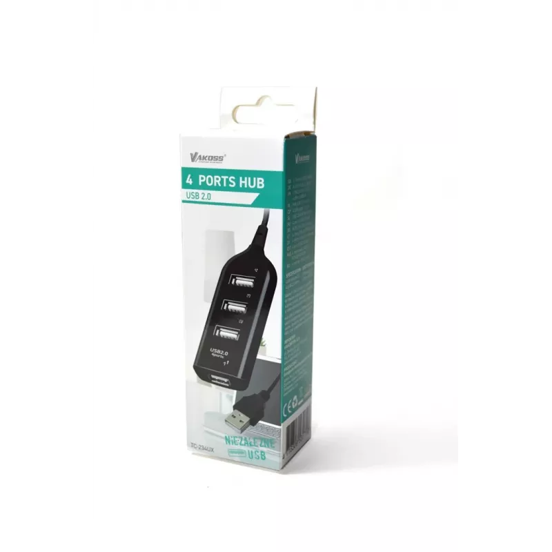 VAKOSS USB-hub TC-234UX — 4-poorts USB 2.0-hub, DC-voeding (5 V, 1 A), zwart