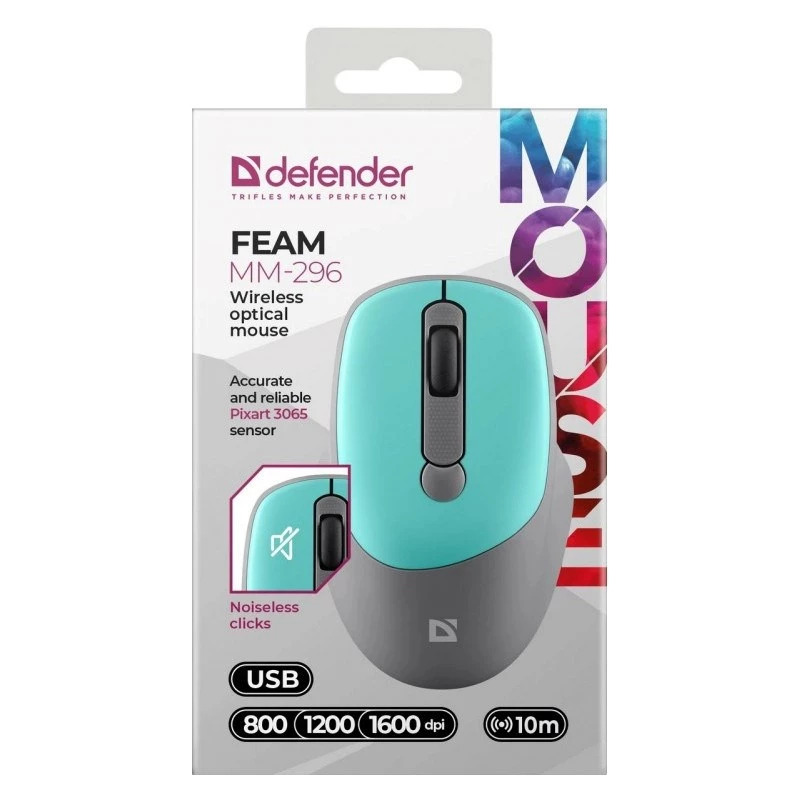 Defender Feam MM-296 52294 draadloze muis, stille klik, optisch, 1600 DPI, USB, mint