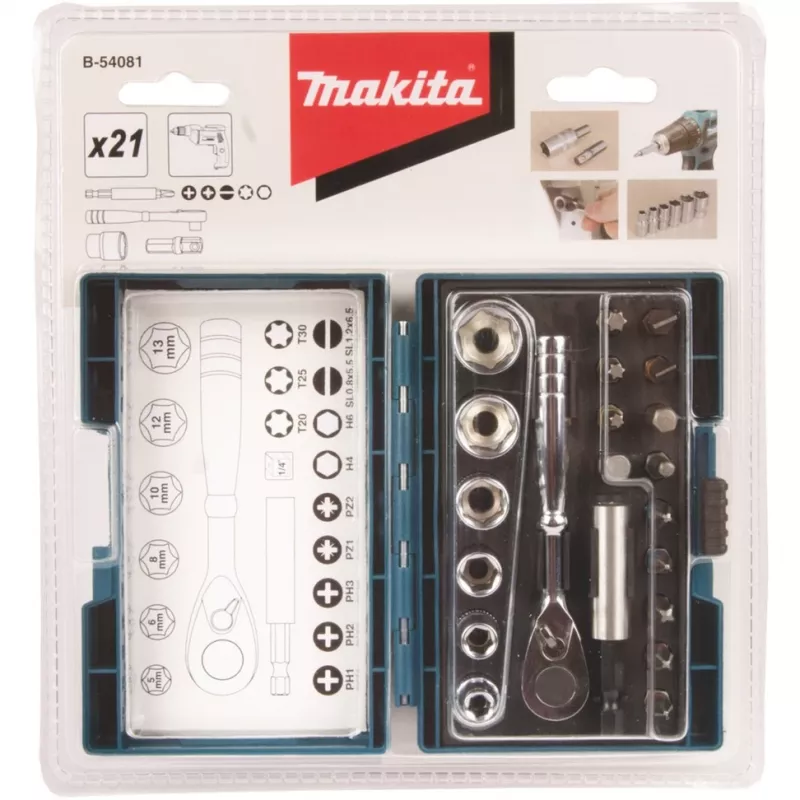Makita schroevendraaier-bit- en ratelset, 21-delig (B-54081)