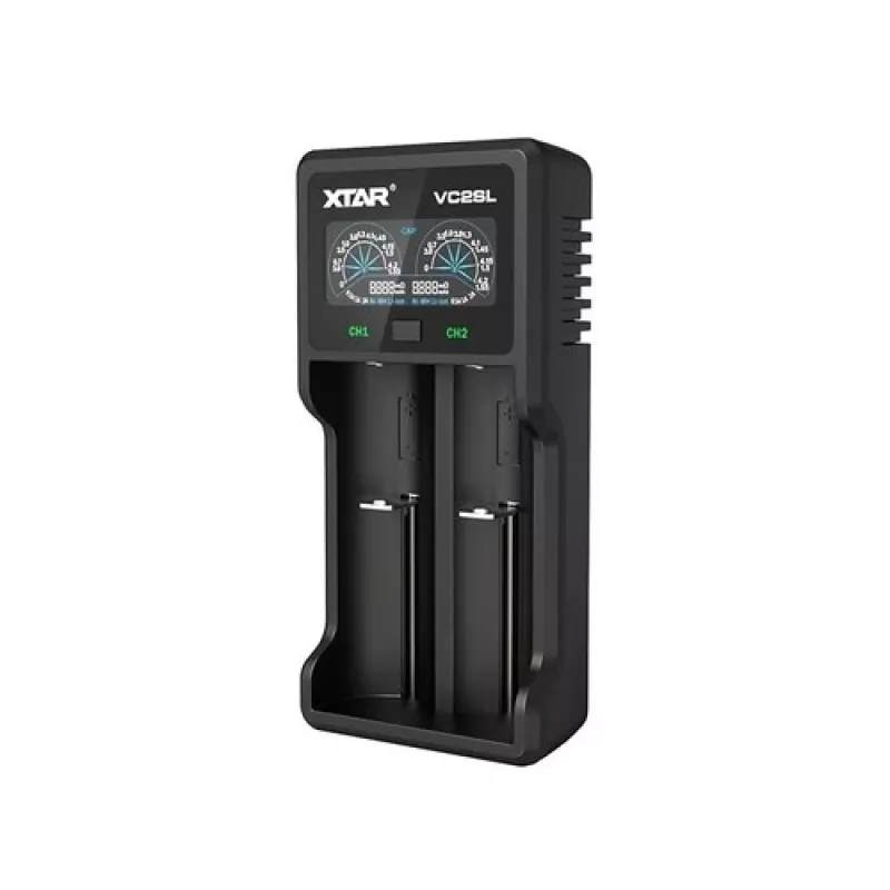 Batterijlader XTAR VC2SL — USB 5V 1A, LCD, laadt 2 cellen, compatibel Li-Ion/NiMH/NiCd, maten A/AA/AAA/AAAA/C/D/SC, zwart