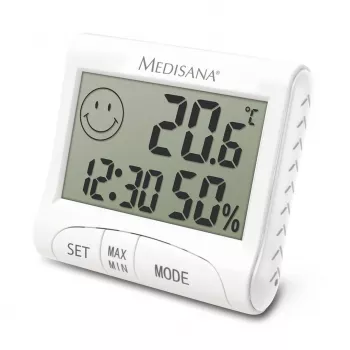 Elektronische binnen-hygrometer Medisana HG 100 — digitale thermometer, luchtvochtigheid 20–90 %, temp -10–50 °C, tafeldiplay, batterij AAA