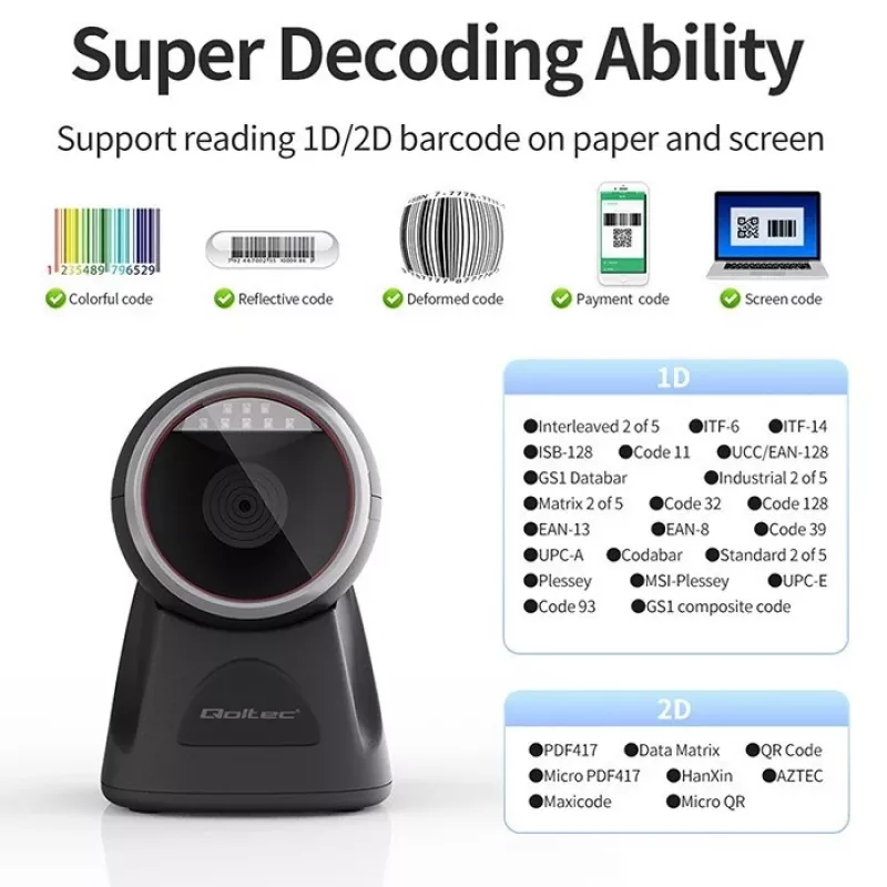 Qoltec tafel-barcodescanner voor 1D- en 2D-codes, QR-scanner, zwart