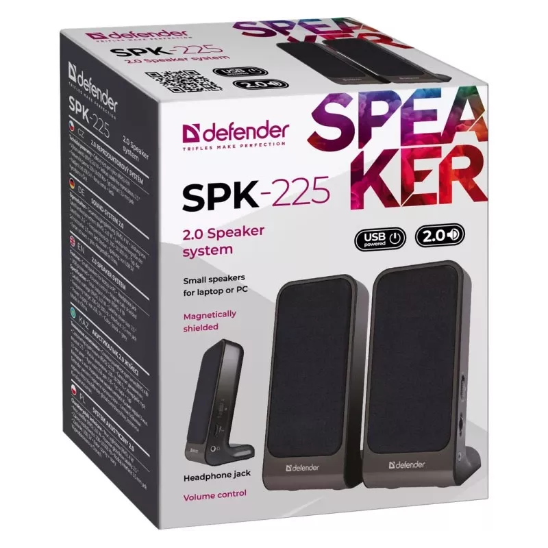 DEFENDER SPK-225 bekabelde 2.0-luidsprekers, 4 W RMS, USB/DC 5 V, 3,5 mm, zwart