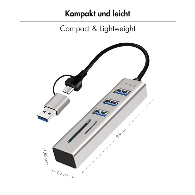 USB 3.0 hub USB-A, SD/microSD-slot, 2in1