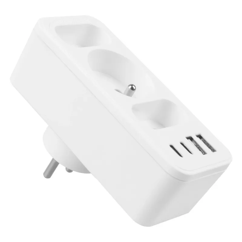 Power splitter MACLEAN MCE248 F/W — 3 AC-stopcontacten (1×16A, 2×6A) + 4×USB (2×A, 2×C PD 20W), EU-stekker, wit