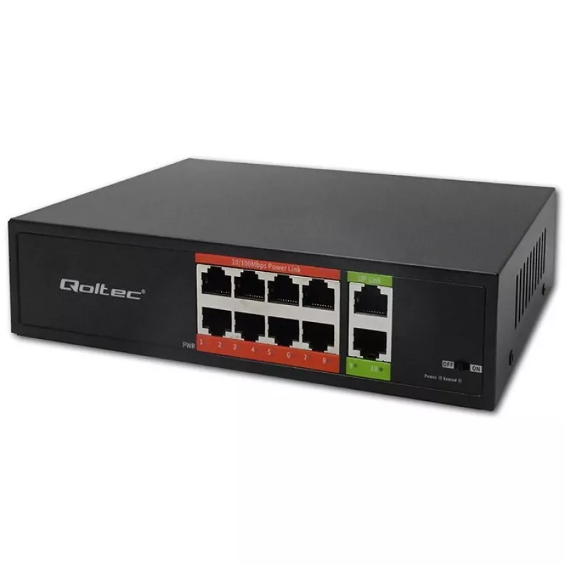 Netwerkswitch QOLTEC Fast Ethernet PoE 8xRJ45 met 2xRJ45 uplink