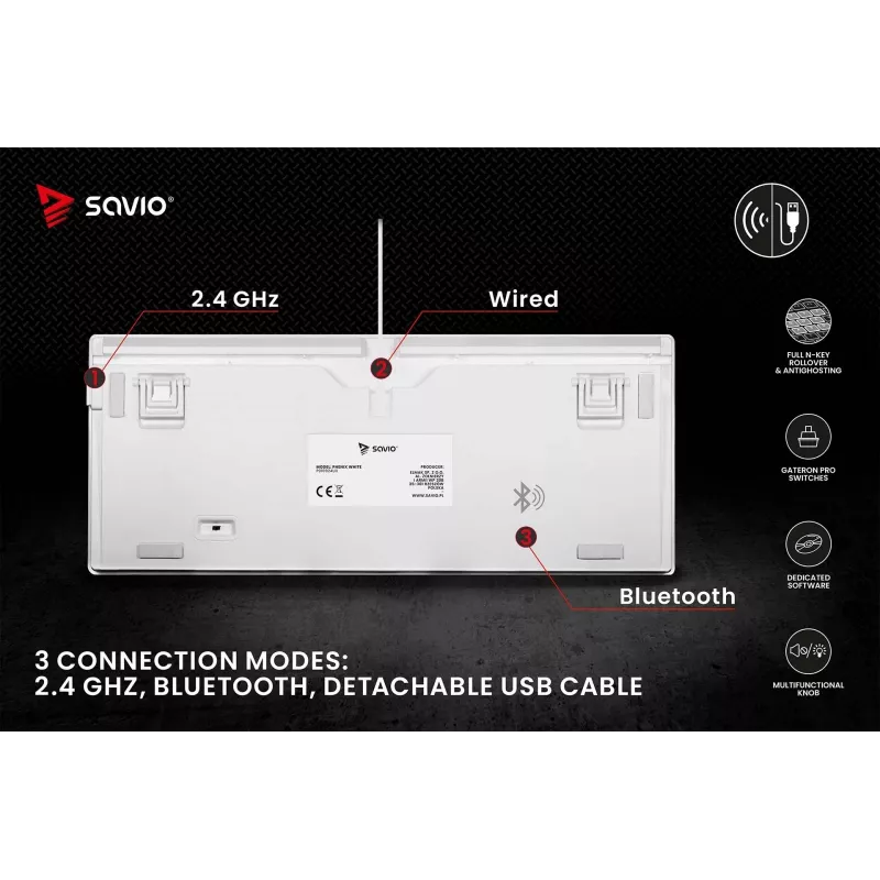 SAVIO PHENIX WHITE draadloos mechanisch toetsenbord, Gateron Red Pro, ABS
