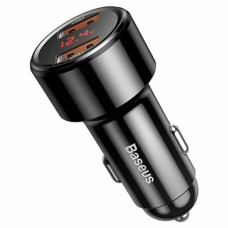 Baseus Magic CCMLC20A-01 autolader, 2x USB-A QC 3.0, 45 W, 6 A, spanningsdisplay, zwart