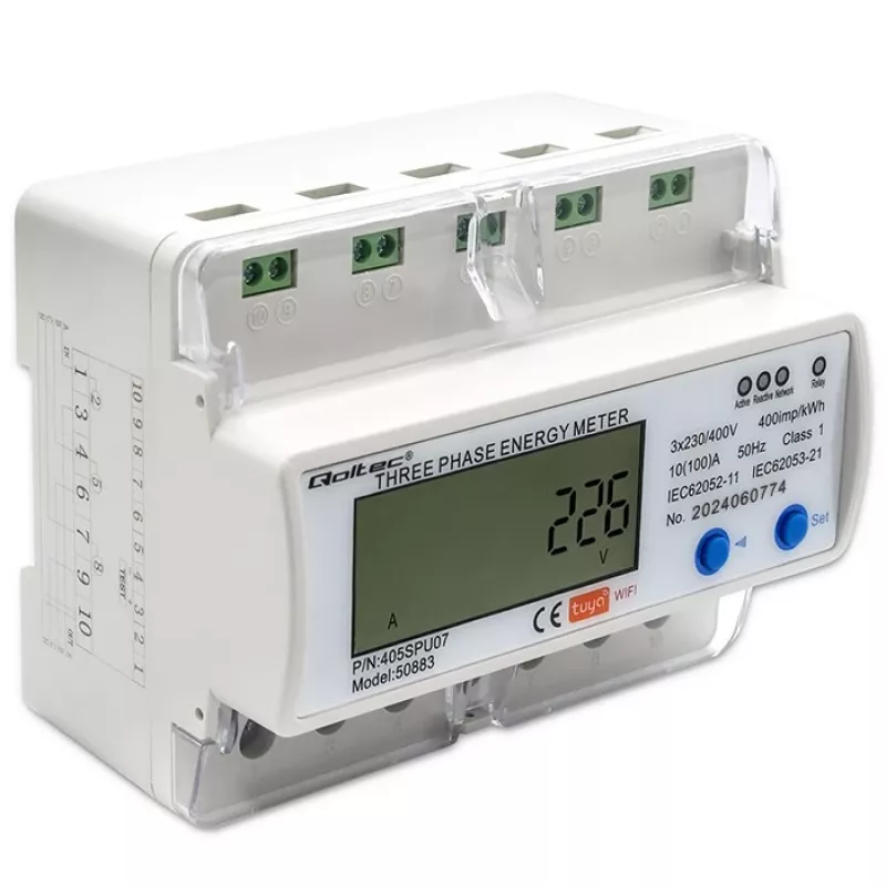 Driefasige energiemeter QOLTEC 50883 Wi‑Fi 400V met lcd-display