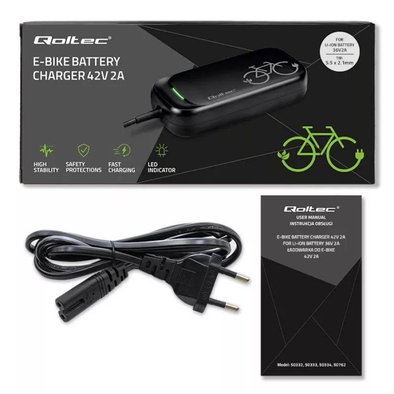 E-bike-oplader QOLTEC 50332 — 36V/42V uitgang, 2A, 5,5×2,1 mm stekker