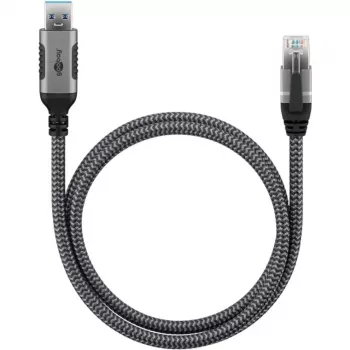 Ethernet-kabel USB-A 3.2 Gen1 stekker > RJ-45 stekker, LAN-adapter zwart/zilver, 3 meter, gevlochten textielmantel