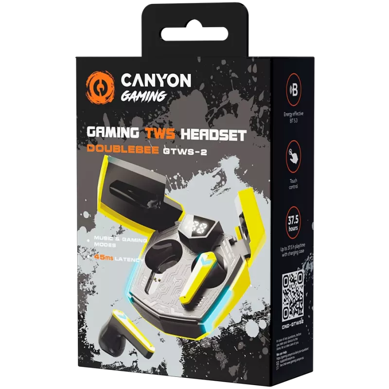 Canyon GTWS-2 Hoofdtelefoon Draadloos Oorhaak Gaming USB Type-C Bluetooth Oplaaddock Geel (CND-GTWS2Y)