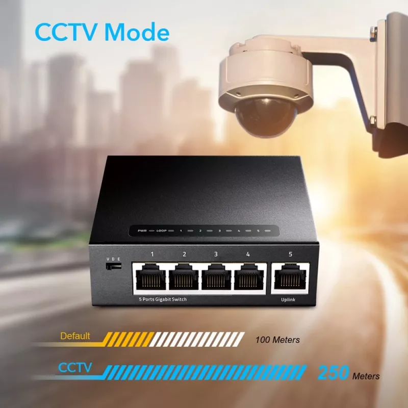 Netwerkswitch Cudy GS105 — 5-poorts gigabit-ethernet (10/100/1000), zwart, 5 V DC voeding inbegrepen
