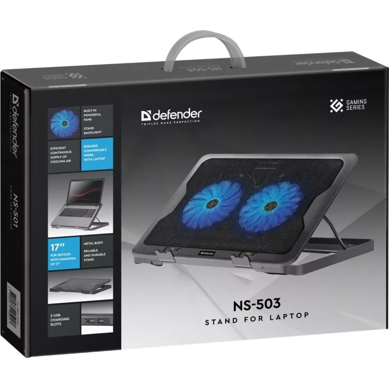 Notebook koelpad DEFENDER NS-503 voor laptops tot 43,2 cm (17 inch), 2 ventilatoren, USB-gevoed, zwart