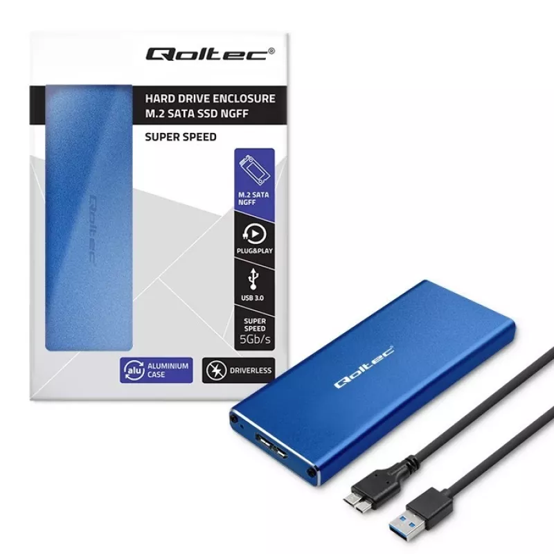 SSD-behuizing QOLTEC 51832 — externe M.2 SATA, USB 3.0, tot 2 TB, blauw, ondersteunt 30 mm drives, 4 slots