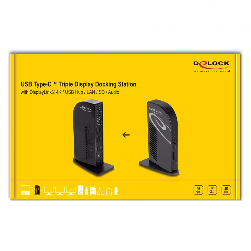 DeLOCK USB Type-C Triple Display Docking Station 4K USB-hub LAN audio PD 96W