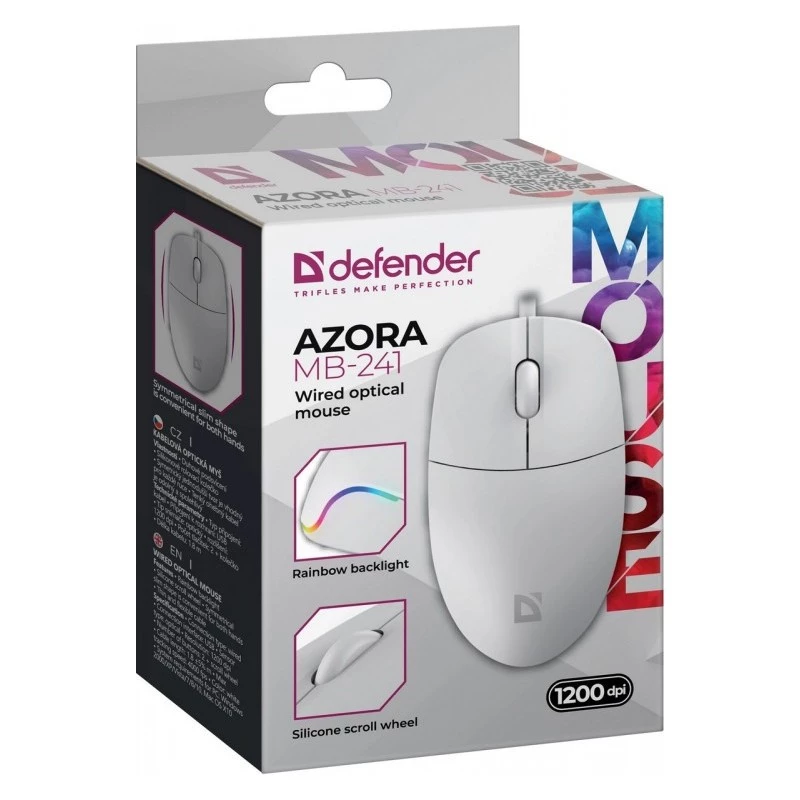 Bedrade muis DEFENDER AZORA MB-24 — ambidextreuze optische USB-muis, 1200 dpi, 3 resolutiemodi, wit, 109×86×34 mm