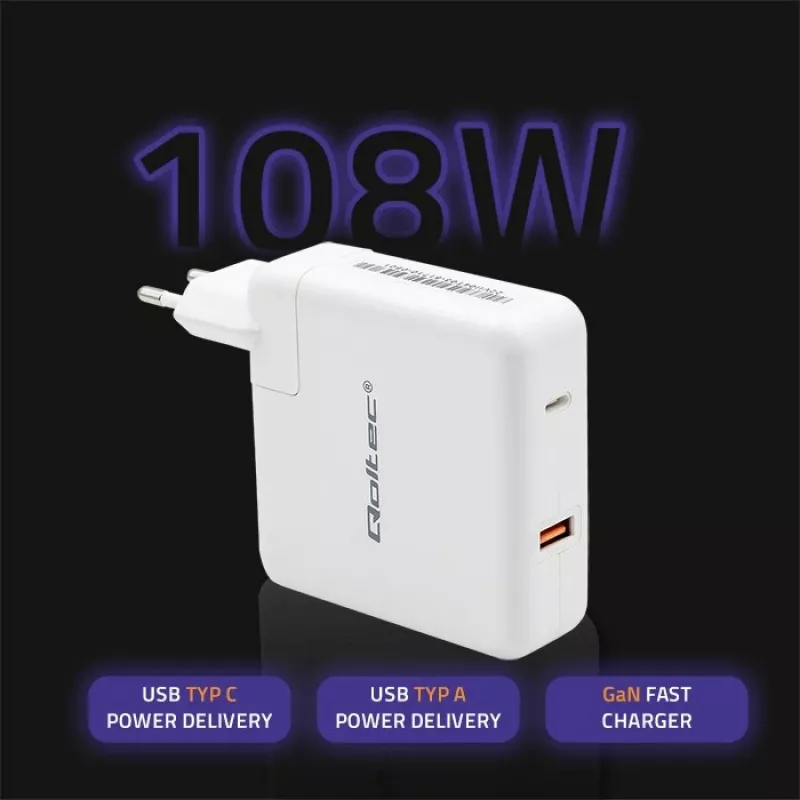 Qoltec GaN-oplader FAST 108W | 5-20V | 3-4.7A | USB C | wit
