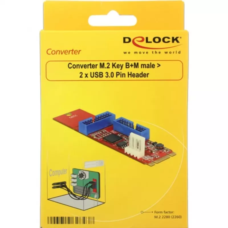 Delock converter M.2 Key B+M stekker > 2 x USB 3.0 pinheader - USB-adapter - M.2-kaart - USB 3.0 (intern) x 2 (62843)