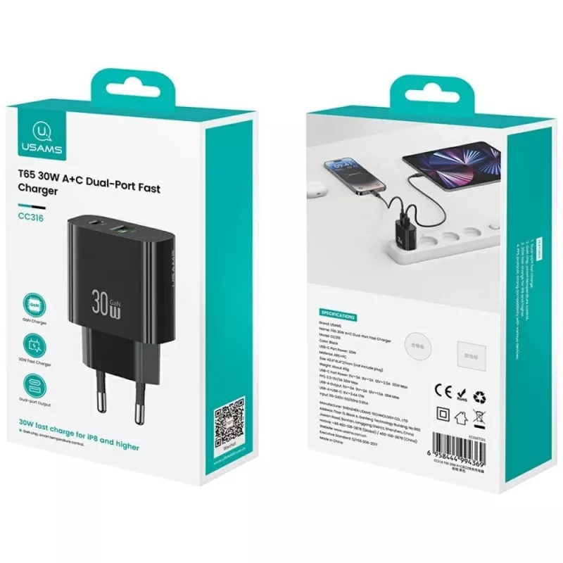 USAMS oplader USA001631 30W met 1x USB-C en 1x USB-A snelladen