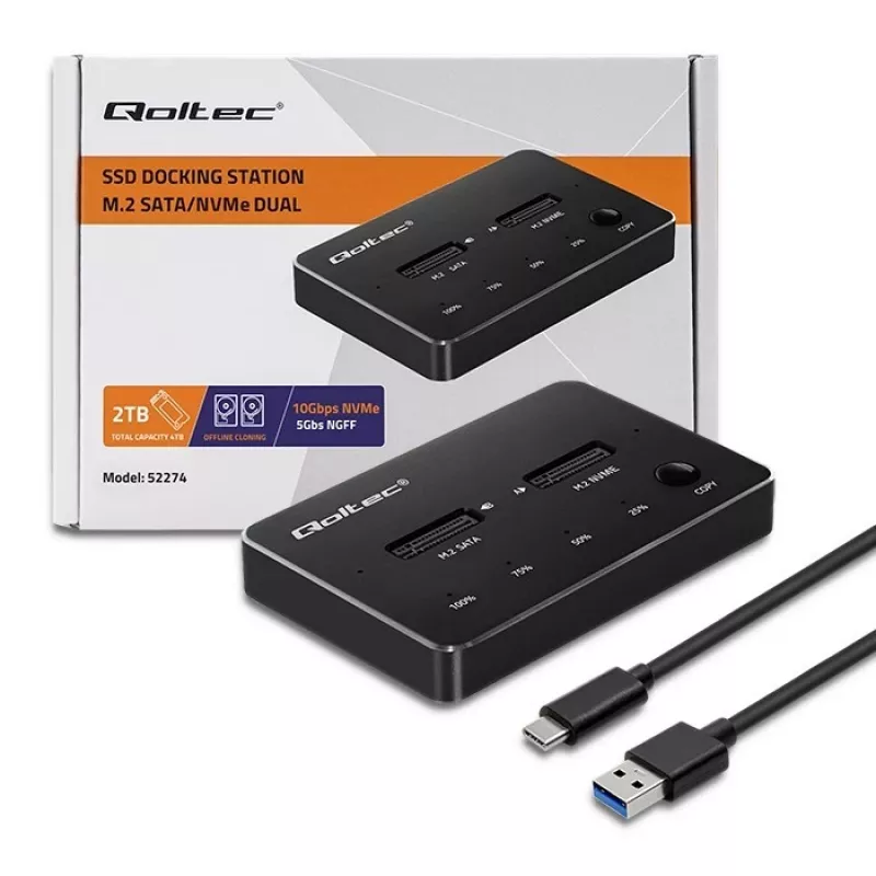 Qoltec 52274 M.2 SSD-dockingstation | NVMe | SATA | USB-C | DUAL 2 x 2TB