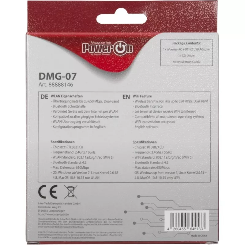 Inter-Tech DMG-07 – draadloos – USB – WLAN / Bluetooth – Wi-Fi 5 (802.11ac) – 650 Mbit/s – zwart (88888146)
