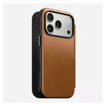 Folio hoesje Nomad Modern Leather Folio voor iPhone 17 Pro, leer + aluminium, 6,3 inch (16 cm), tan, 3 vakken voor kaarten