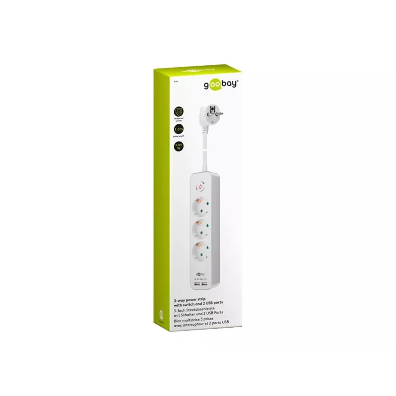 Goobay 3-voudig stopcontact met schakelaar en USB, 1,5m kabel, type F