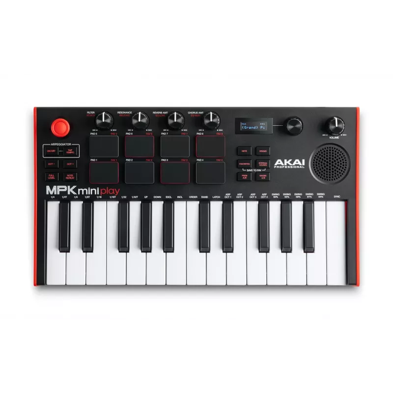 Akai MPK Mini Play MK3 MIDI-controllerkeyboard met padcontroller, USB, zwart/rood