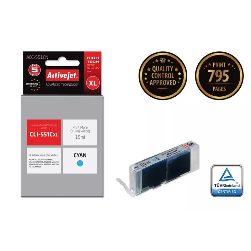 Activejet ACC-551CN inktpatroon (vervanger voor Canon CLI-551C; Supreme; 15 ml; cyaan)