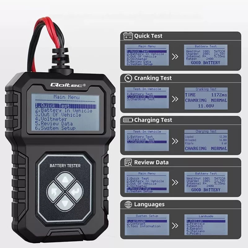 Qoltec Digitale batterijtester met LCD | Pools menu | 12V | AGM | GEL | STD | 30-220AH