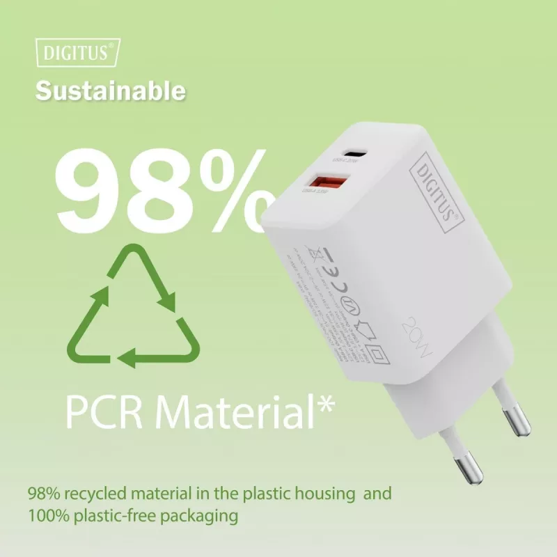 AC USB-oplader DIGITUS 20W, 1x USB-C, 1x USB-A, ingang 100–240V, wit