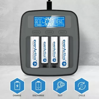 Batterijoplader everActive NC1000MV2 – Ni-MH 4-vaks USB-C oplader, 4 cellen, 5V, zwart, 110×99×38 mm
