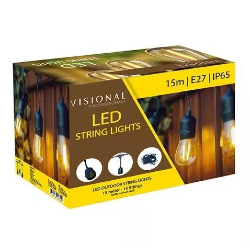 VISIONAL LED-tuinlichtsnoer met 15 E27-fittingen, 15 m lengte, 1 m afstand, zwarte kabel (H05VV-F 2x0,75)