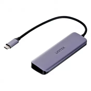 USB-hub Unitek P5+ — 5 poorten (4 × USB 3.2 Gen 2 Type-A), USB 3.2 Gen 1 host, 5 Gbit/s, 10 W PD, aluminium, grijs