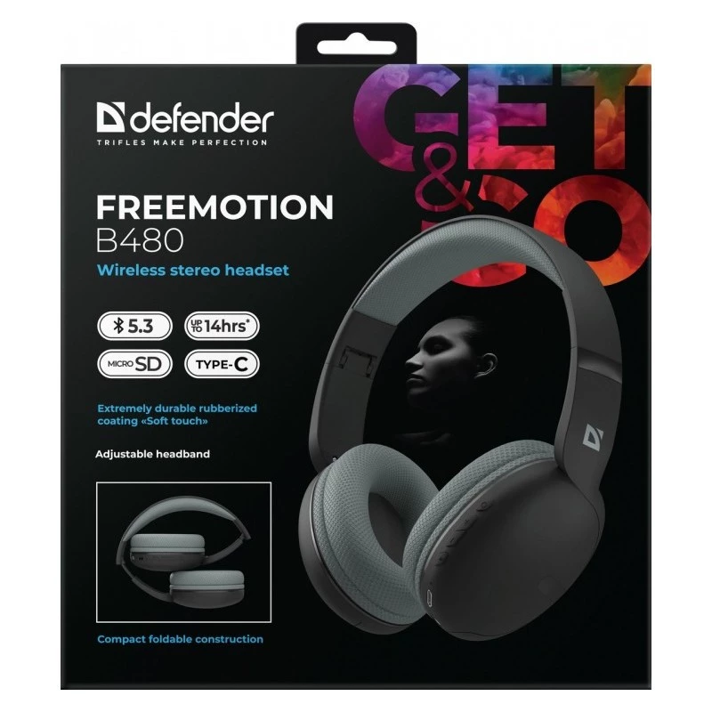 Defender FreeMotion B480 63480 draadloze on-ear koptelefoon, Bluetooth 5.3, USB-C, AUX, microSD, tot 14 uur, 20-20000 Hz, zwart