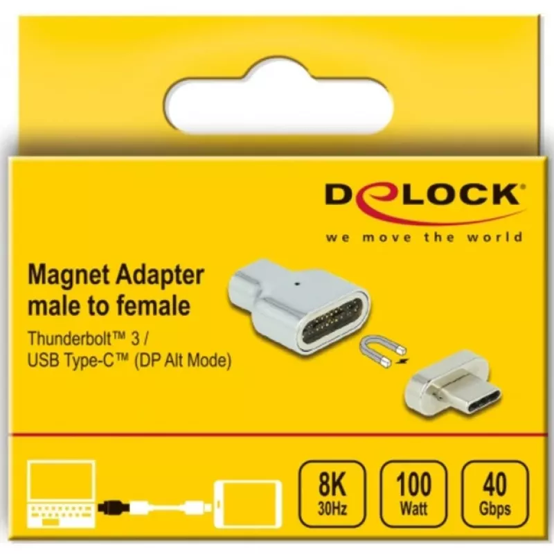 DeLOCK - Thunderbolt / USB-C-adapter - USB-C (M) magnetisch naar USB-C (V) - USB 3.2 Gen 2 / Thunderbolt 3 4,5 A - 8K-ondersteuning - zilver (66433)